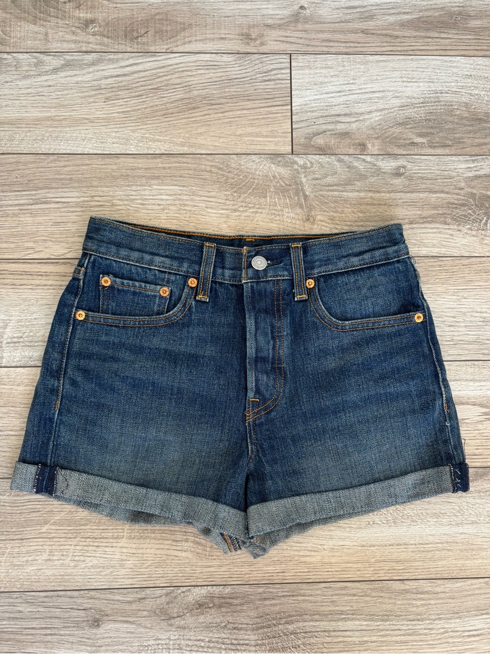 Levi’s Denim High-Rise Rolled Hem Shorts in Dark Blue